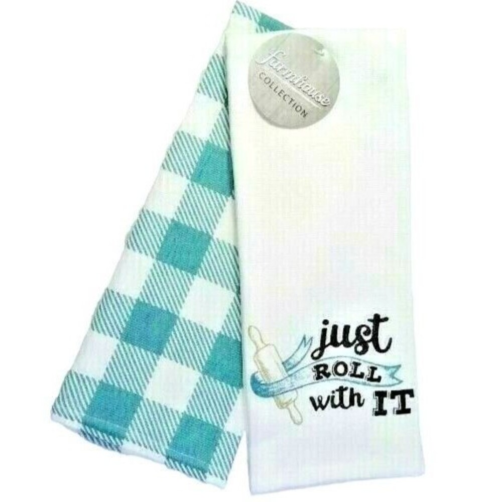 Just Roll with It Kitchen Towels Rolling Pin Teal White Check Cotton 2-Piece NEW